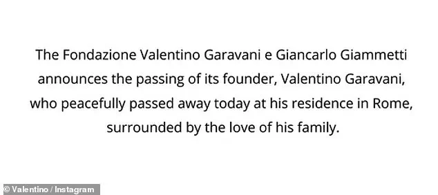 Valentino Garavani Dies Peacefully at 93, Surrounded by Loved Ones in Rome
