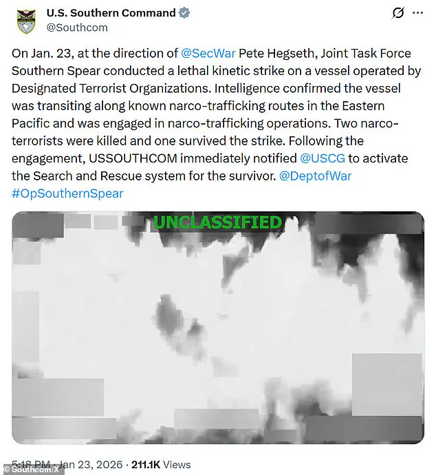 U.S. Southern Command Confirms Deadly Strike on Narcoterrorists in Caribbean, Rescues Survivor