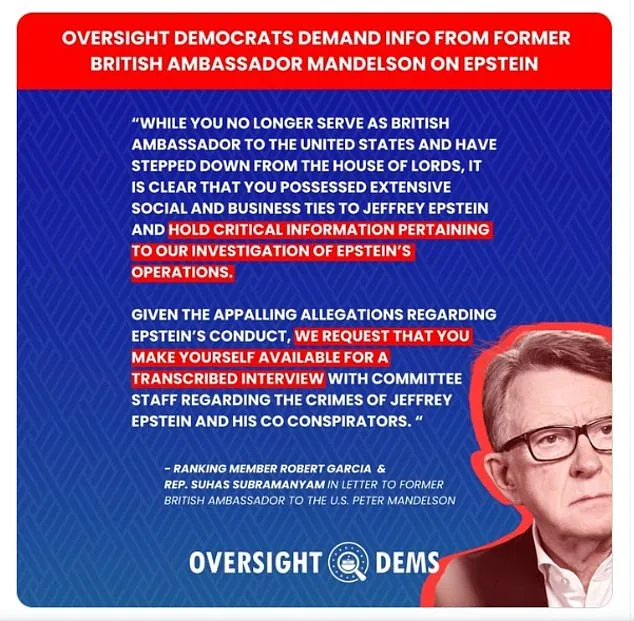 DOJ Files Reveal Mandelson's Ties to Epstein, Sparking Calls for Congressional Testimony