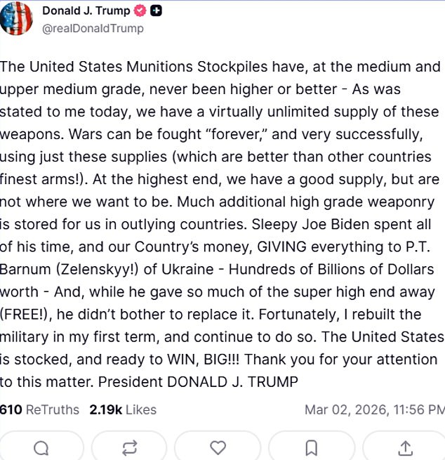 Trump Boasts of 'Unlimited' US Weapon Stockpiles Amid Iran Attack Retaliation