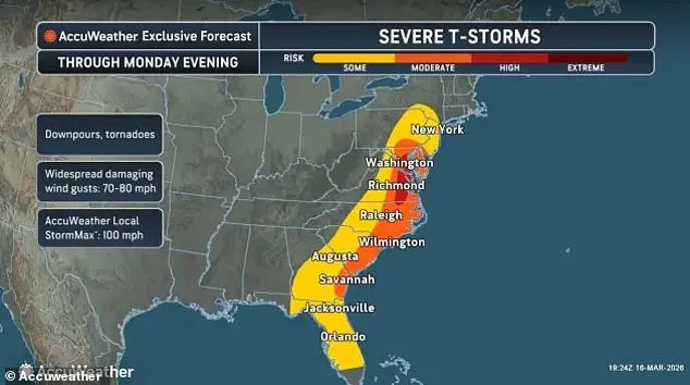 Massive Tornado Watch Spans 1,000 Miles Along U.S. East Coast as Storm System Threatens Millions