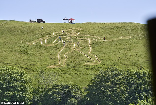 Workers manually restore historic Cerne Abbas Giant with 17 tonnes of chalk.