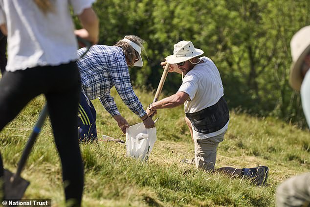 Workers manually restore historic Cerne Abbas Giant with 17 tonnes of chalk.